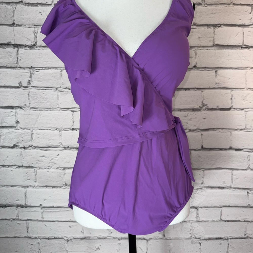 Profile By Gottex Purple Tutti Frutti V Neck Ruffle One Piece Swimsuit Size 16 - Picture 3 of 9